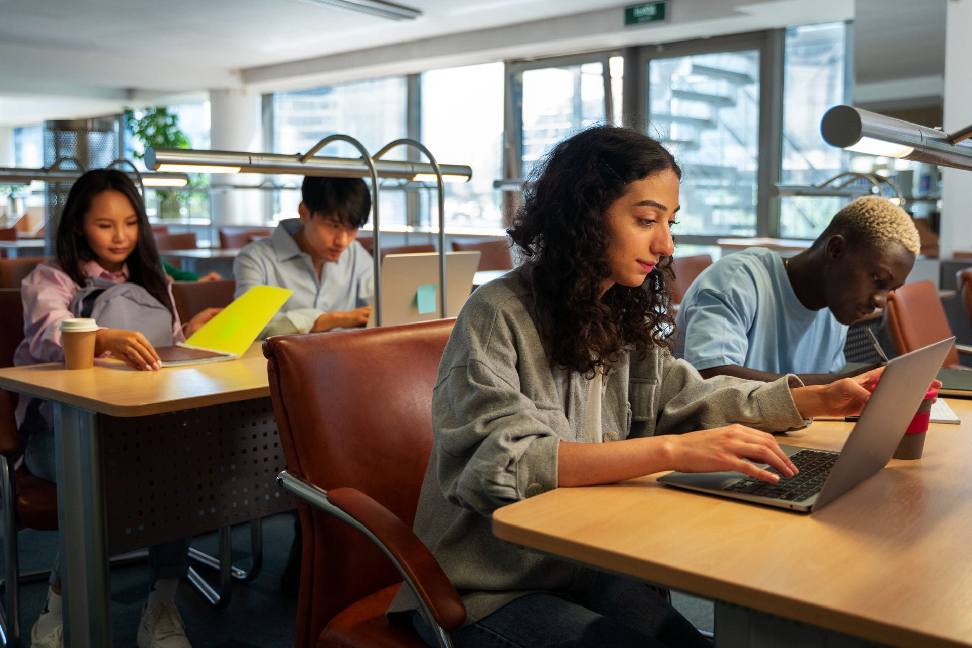 Image: Students in a library. Some are working on laptops while others use notebooks.