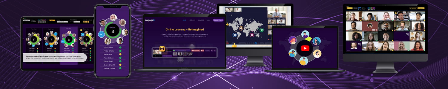 Image: Various screens showing Engageli in action. 